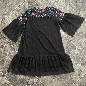 LUCKY CHARM Black PolkaDot Ruffle Floral Embroidered WhimsiGoth Hippie Dress